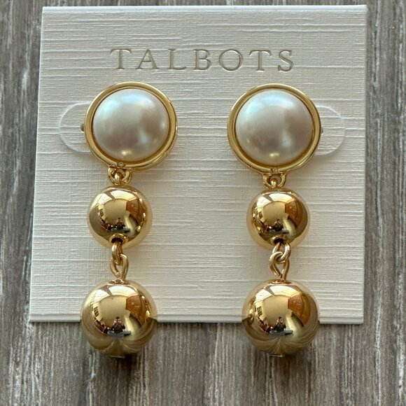 Talbots Pearl and Gold Bead Dangling Earrings - New with Tag - Picture 1 of 2